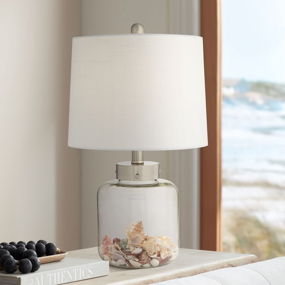 Possini Euro Design Coastal Accent Table Lamp with Table Top Dimmer Fillable 20.5" High Clear Glass Canister Off White Drum for Living Room Bedroom