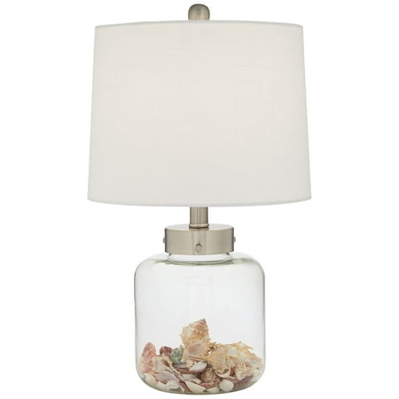 360 Lighting Canister Coastal Accent Table Lamp 20 1/2" High Clear Glass Fillable Sea Shells Off White Linen Drum Shade for Bedroom Living Room Kids