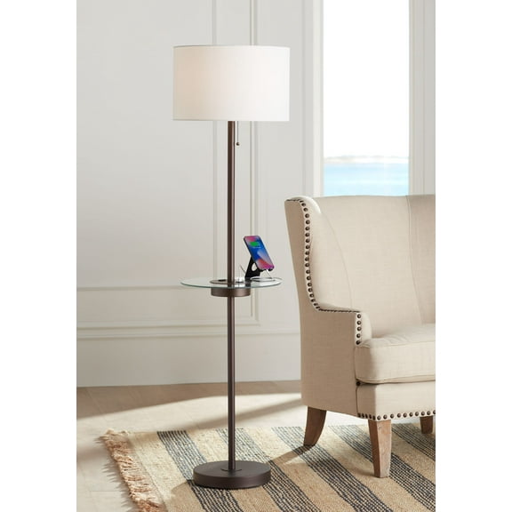 360 Lighting Caper Modern Floor Lamp with Tray Table 60 1/2" Tall Bronze USB and AC Power Outlet Off White Fabric Drum Shade for Living Room Office