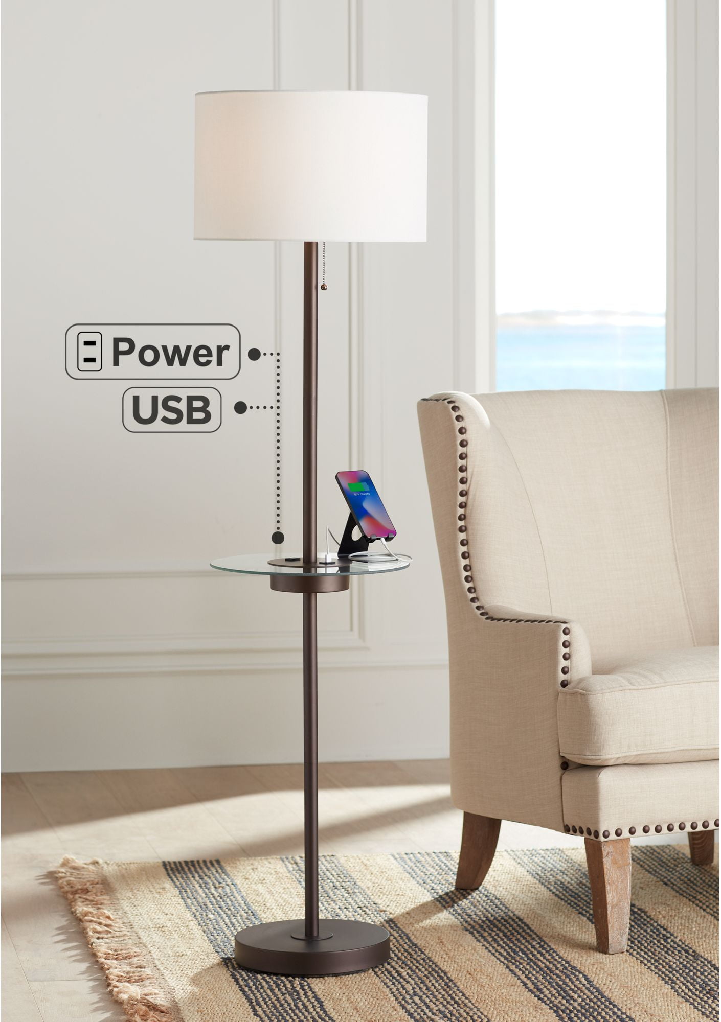 Bronze Floor Lamp with Glass Tray Table and USB Port