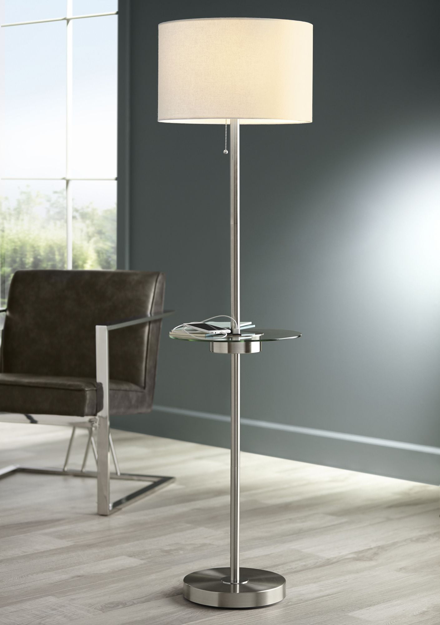 Silver Brushed Nickel Floor Lamp with Glass Tray and USB Port
