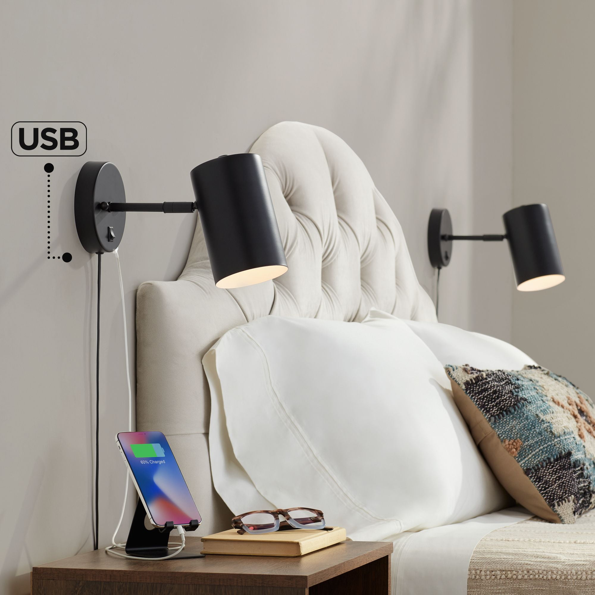Black Metal Cylinder Plug-in Wall Lamps with USB Ports, Set of 2