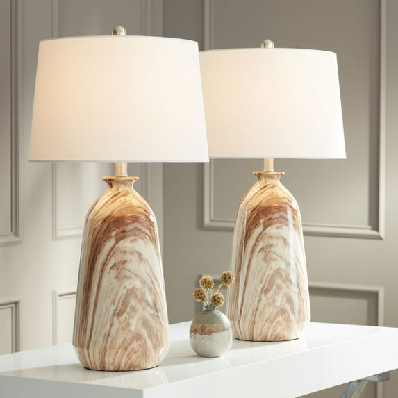 360 Lighting Carlton 28" Tall Modern Table Lamps Set of 2 WiFi Smart Socket Brown Faux Marble Living Room Bedroom White Shade