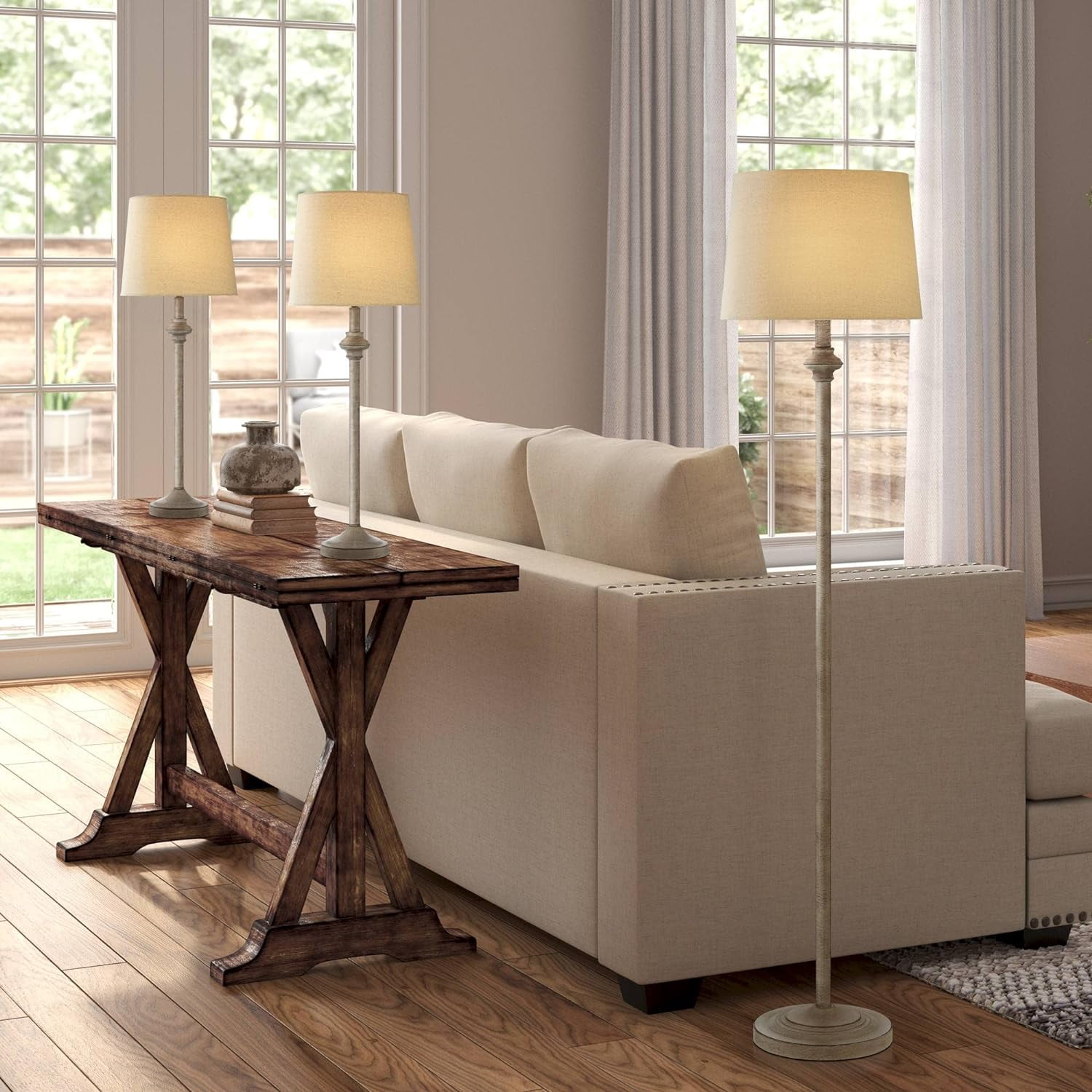 Carter Beige Metal and Cream Fabric 3-Piece Lamp Set