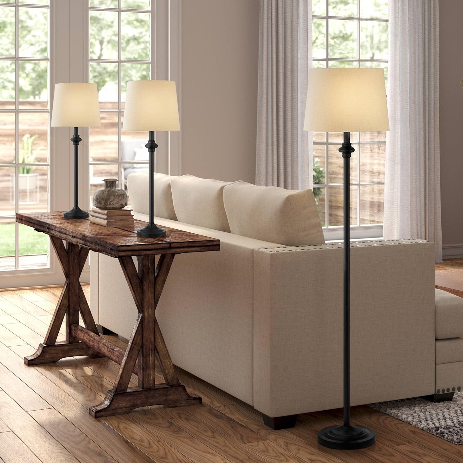 Carter Beige Metal and Cream Fabric 3-Piece Lamp Set