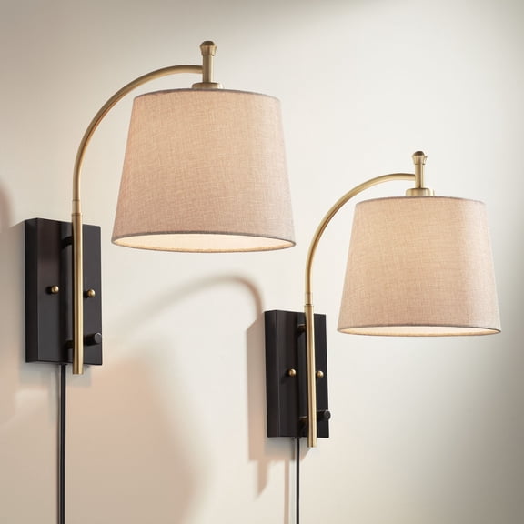 360 Lighting Chester Modern Swing Arm Wall Lamps Set of 2 Brass Black Plug-in Light Fixture Tan Drum Shade for Bedroom Bedside Living Room Reading
