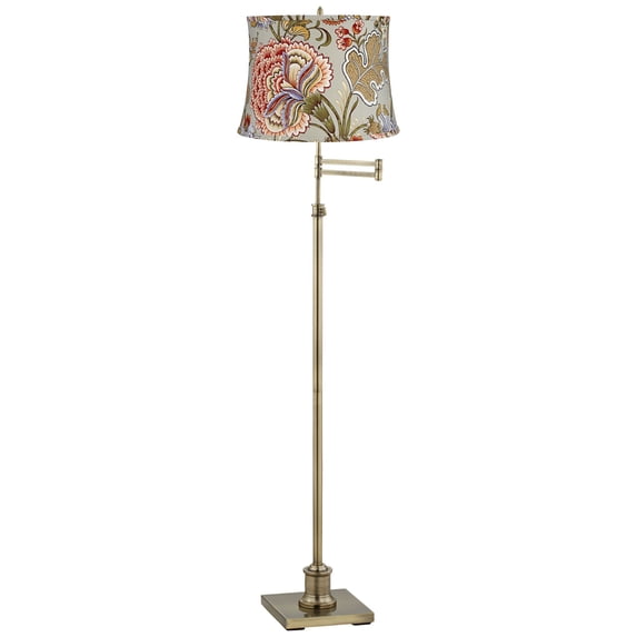 360 Lighting Chic Style Swing Arm Adjustable Floor Lamp 70" Tall Antique Brass Sage Flower Drum Shade for Living Room Reading House