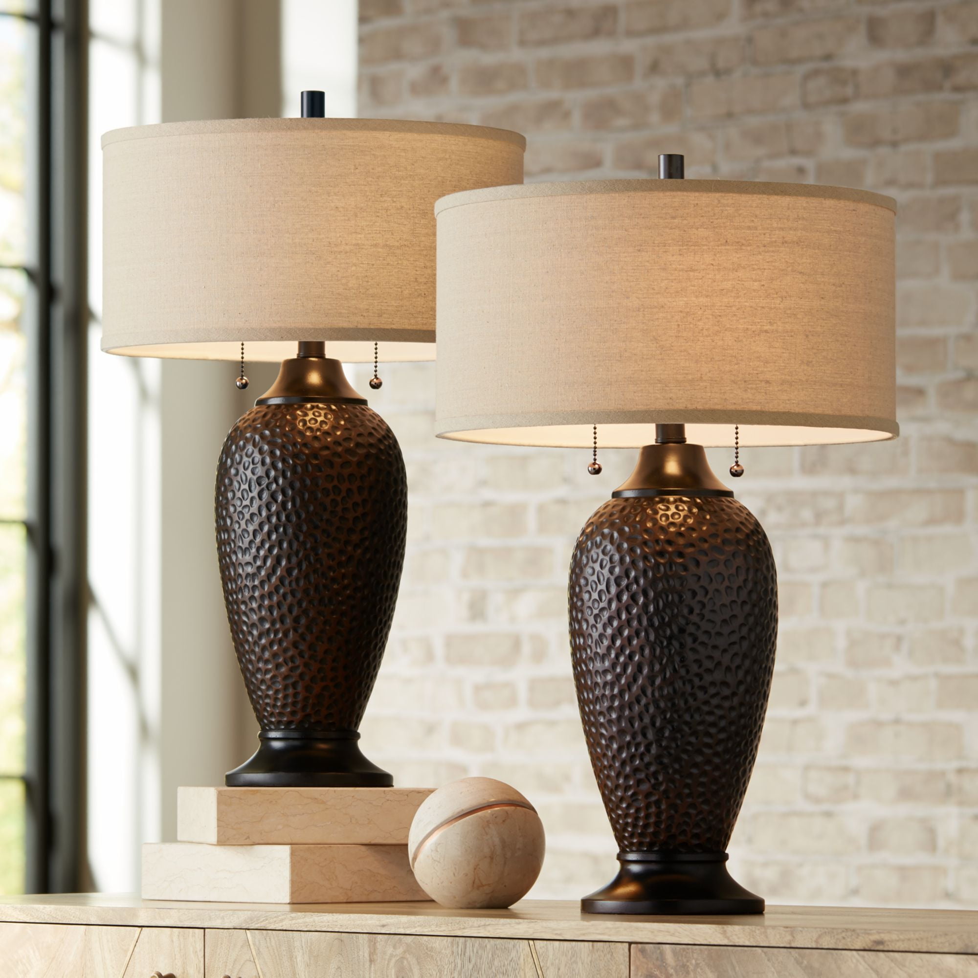 Cody Hammered Oiled Bronze Table Lamps with Oatmeal Linen Shades, Set of 2