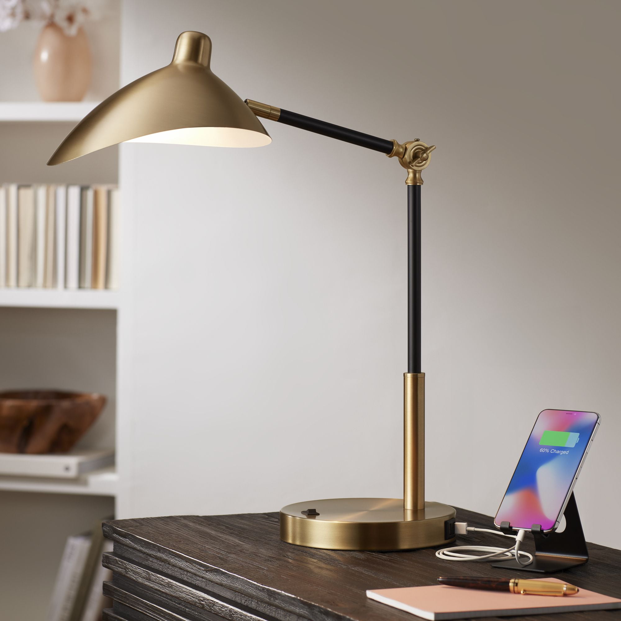 28" Black and Brass Adjustable Desk Lamp with USB Port