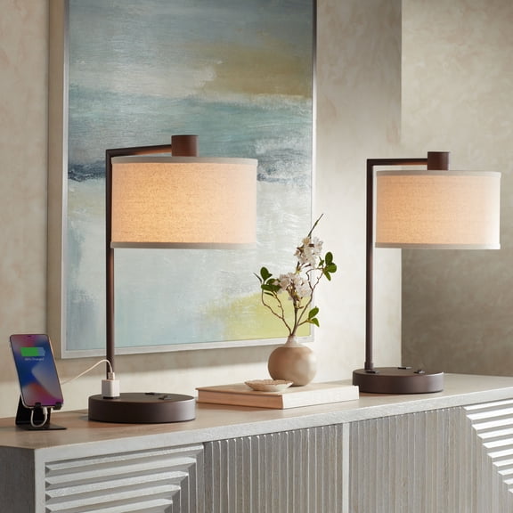 360 Lighting Colby 21" High Modern Desk Lamps Set of 2 USB Port AC Power Outlet Smart Socket Brown Bronze Finish Metal Charging