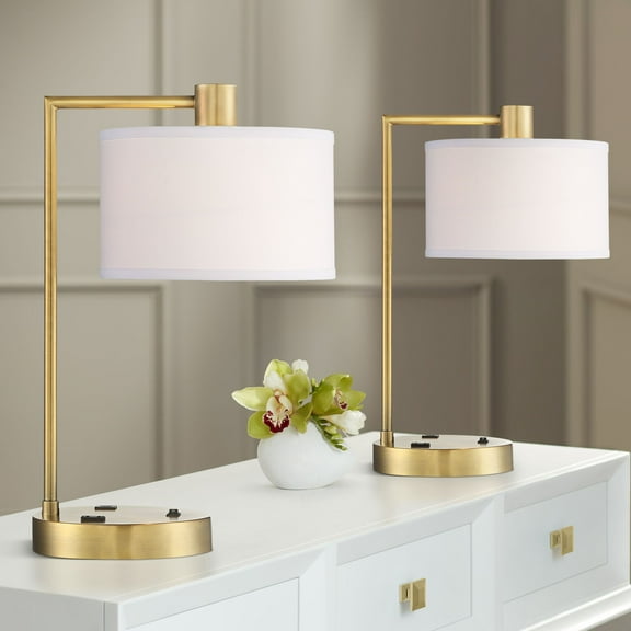360 Lighting Colby 21" High Small Modern Desk Lamps Set of 2 USB Port AC Power Outlet Antique Gold Finish Metal Charging
