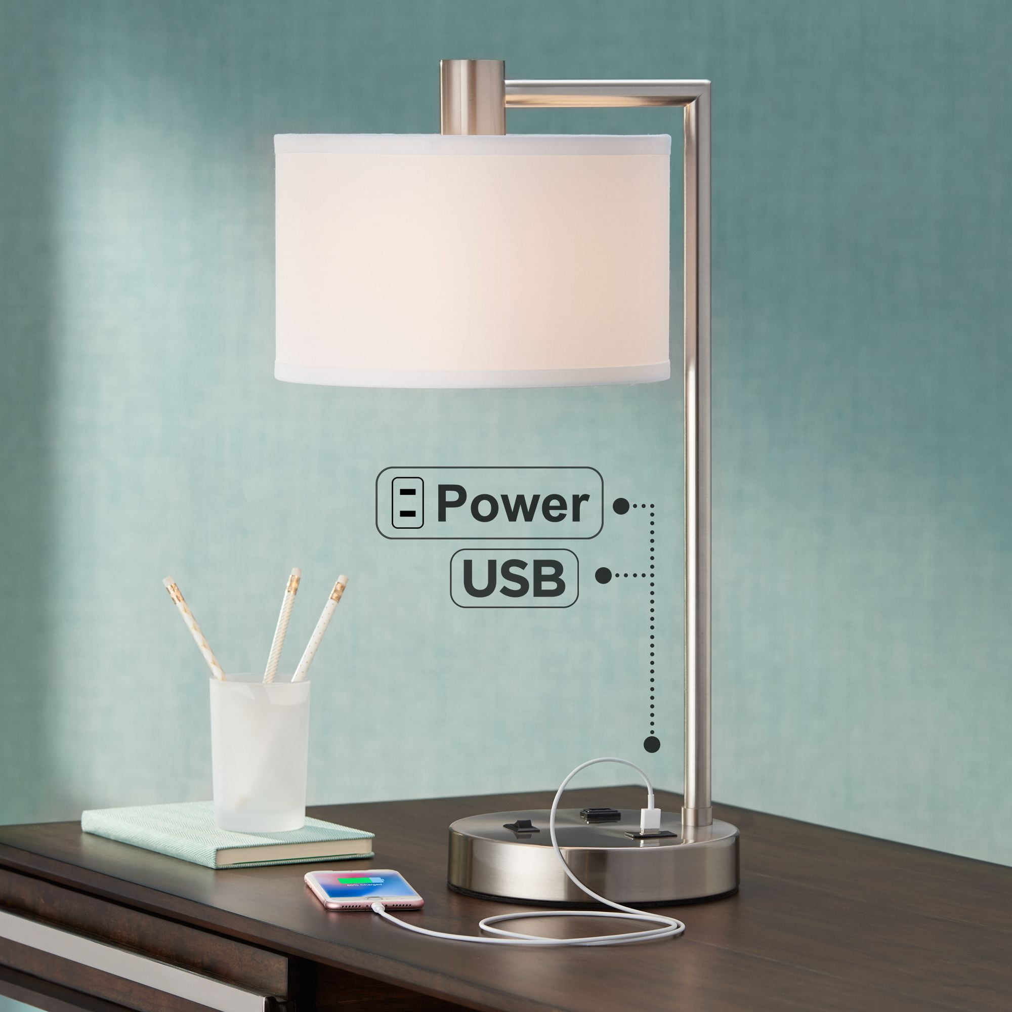 Brushed Nickel Desk Lamp with White Linen Shade and USB Port