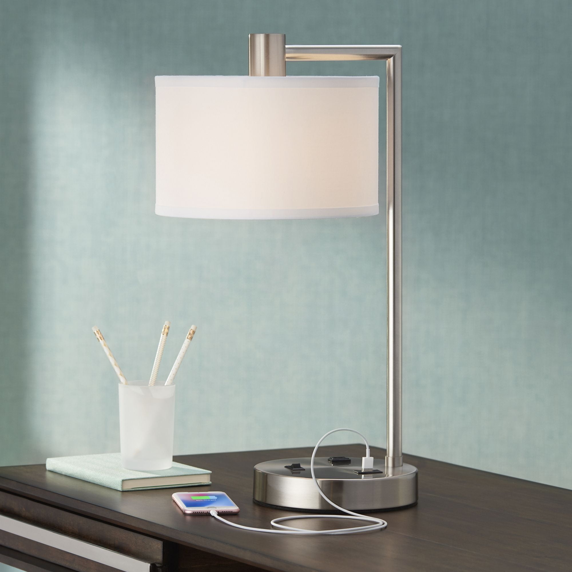 Brushed Nickel Desk Lamp with White Linen Shade and USB Port