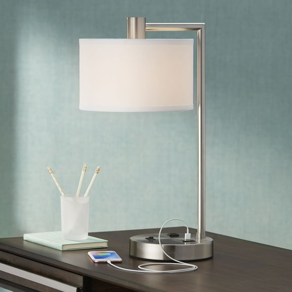 360 Lighting Colby Modern Desk Lamp 21" High Brushed Nickel with USB and AC Power Outlet in Base White Linen Drum Shade for Bedroom Living Room Office