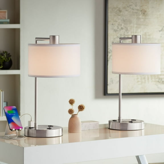 360 Lighting Colby Modern Desk Lamps 21" High Set of 2 Brushed Nickel with USB and AC Power Outlet in Base White Linen Drum Shade for Bedroom Office