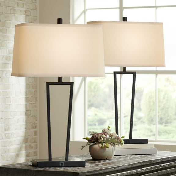 360 Lighting Cole Modern Table Lamps 27" Tall Set of 2 Black Metal with USB Charging Ports White Rectangular Shade for Bedroom Living Room Bedside