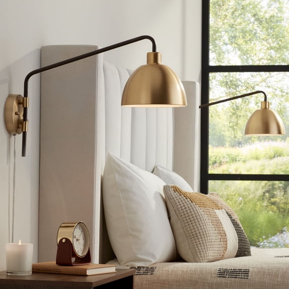 360 Lighting Colwood Mid Century Modern Swing Arm Wall Lamps Set of 2 Brass Bronze Plug-in Light Fixture Adjustable Dome Shade for Bedroom Living Room