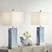 360 Lighting Connie Modern Table Lamps 25" High Set of 2 Blue Faux Marble with USB Charging Port White Rectangular Shade for Living Room Office Desk