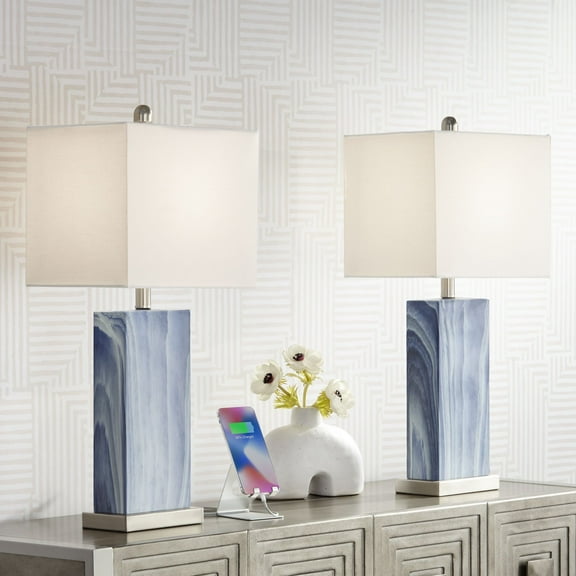 360 Lighting Connie Modern Table Lamps 25" High Set of 2 Blue Faux Marble with USB Charging Port White Rectangular Shade for Living Room Office Desk