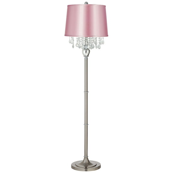 360 Lighting Crystals Traditional 60 1/2" Tall Standing Floor Lamp Foot Switch Silver Satin Steel Finish Drum Pink Satin Shade