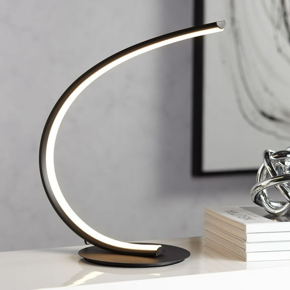 Possini Euro Avante Curved Arc 15 1/4" High Small Modern Accent Table Lamp LED Black Metal Single White Shade Living Room Bedroom