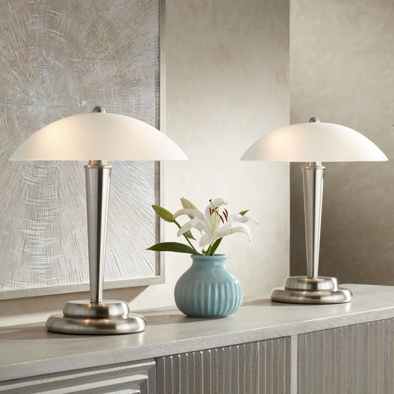 360 Lighting Deco Modern Accent Table Lamps 17" High Set of 2 Brushed Steel Touch On Off White Glass Dome Shade for Bedroom Bedside Nightstand Office
