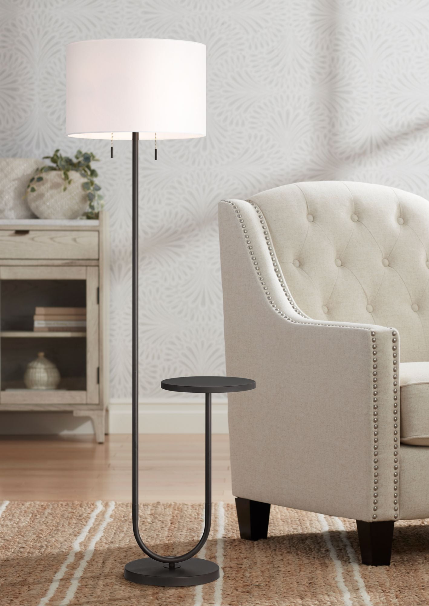 Bronze Metal Floor Lamp with White Fabric Drum Shade and Tray Table