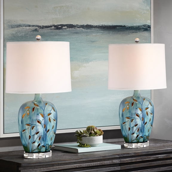 Possini Euro Design Devan Modern Table Lamps 24 1/2" High Set of 2 Blue Ceramic with LED Nightlight White Oval Shade for Bedroom Living Room Bedside