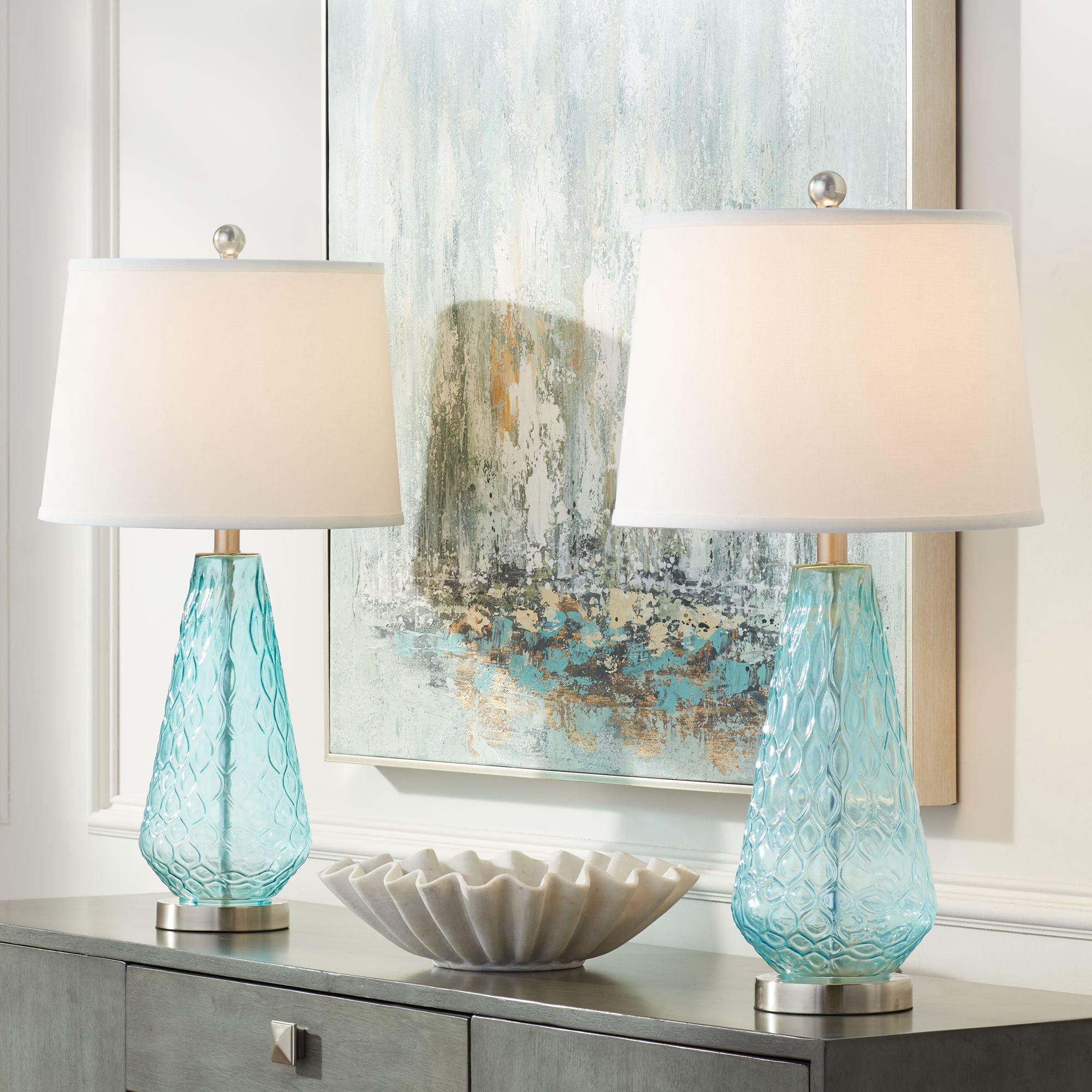 360 Lighting Dylan 27 1/2" Tall Modern Coastal Table Lamps Set of 2 WiFi Smart Socket Blue Glass Living Room Bedroom White Shade
