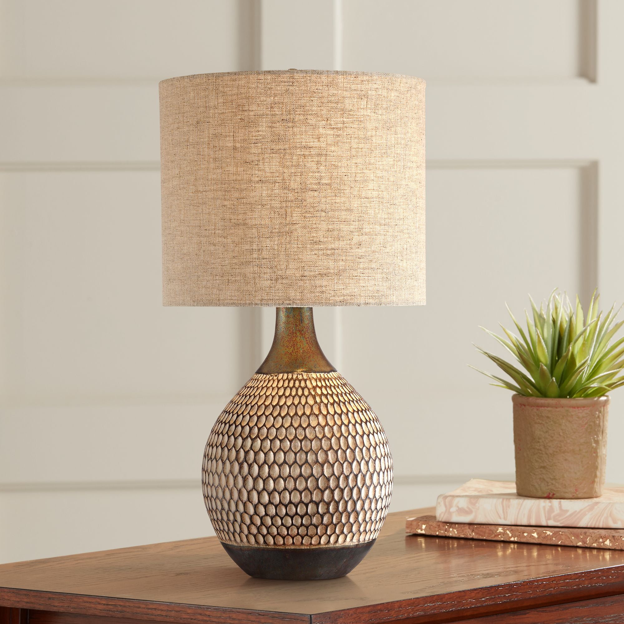 Mid-Century Modern Brown Ceramic Table Lamp with Oatmeal Shade
