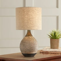 360 Lighting Emma Modern Mid Century Accent Table Lamp 21" High Wood Brown Ceramic Oatmeal Drum Shade for Bedroom Living Room Bedside Nightstand Home