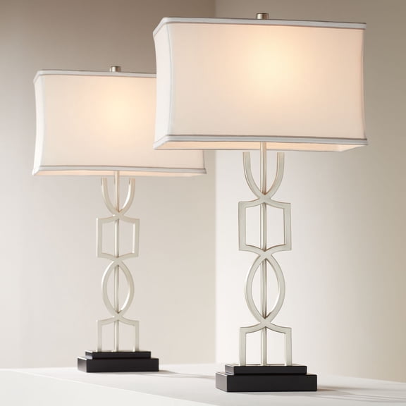 360 Lighting Evan Modern Table Lamps 28 1/2" Tall Set of 2 Brushed Nickel with USB Charging Port Table Top Dimmers White Rectangular Shade for Bedroom