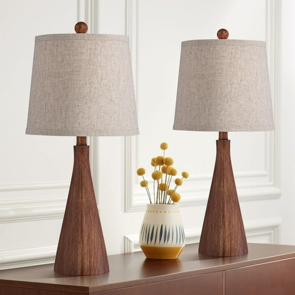 360 Lighting Fraiser 23 1/2" High Cone Small Mid Century Modern Accent Table Lamps Set of 2 Brown Wood Finish Living Room Bedroom