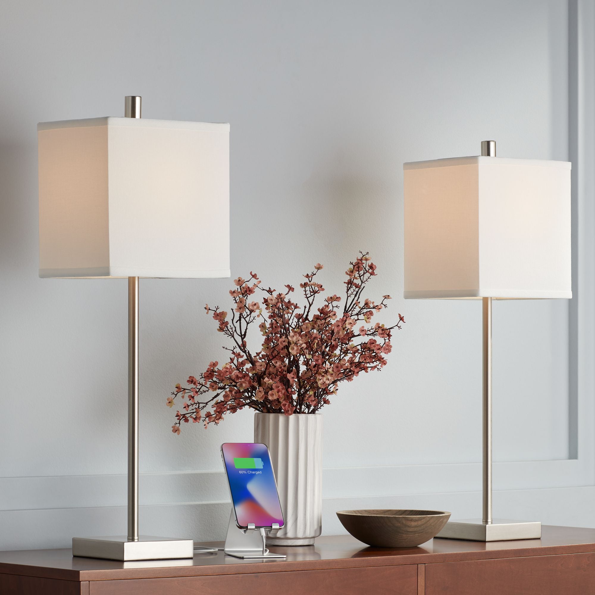 360 Lighting Franco Modern Table Lamps 26 1/2" High Set of 2 Brushed Nickel with USB Charging Ports White Square Shade for Bedroom Living Room Desk