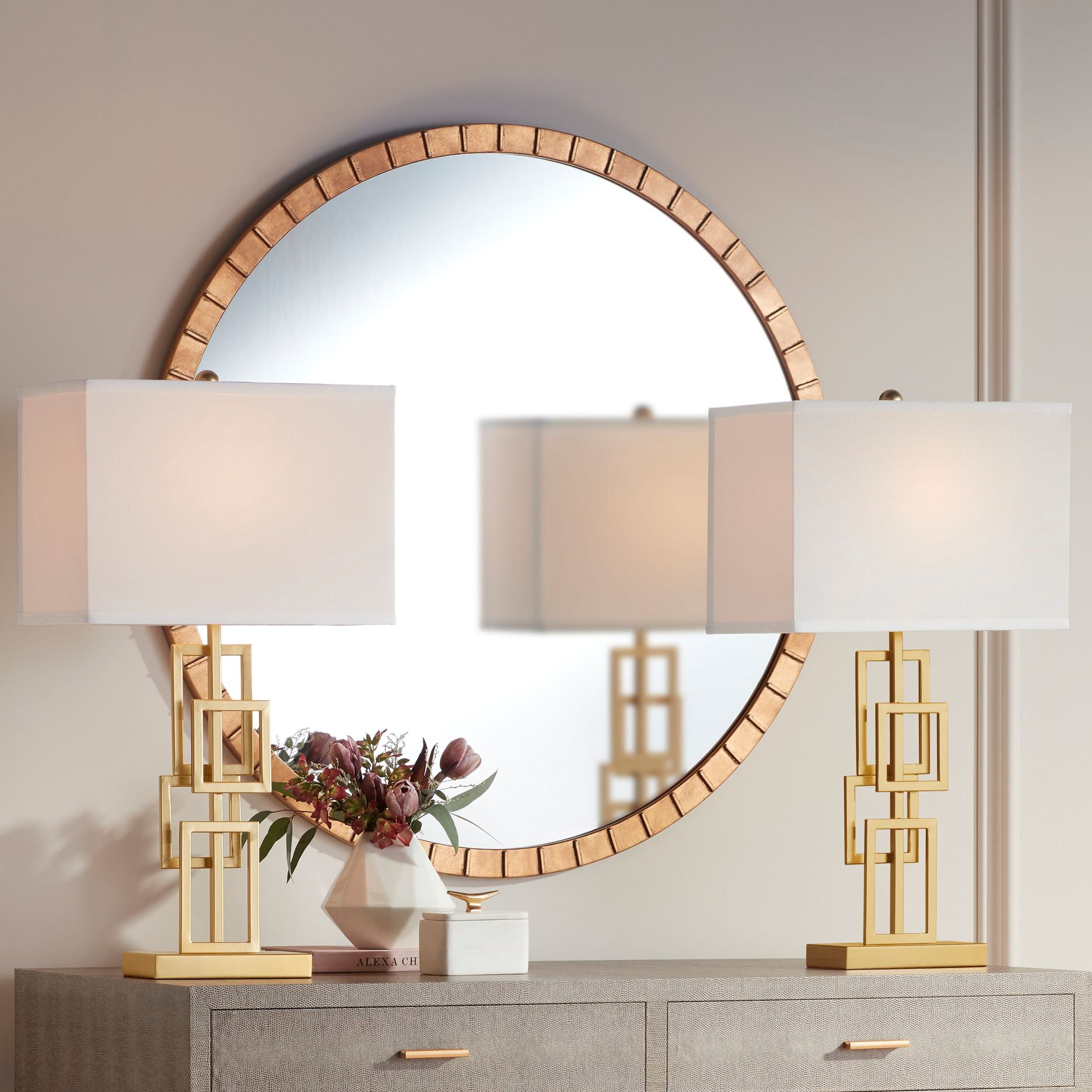 26" Gold Geometric Metal Table Lamps with White Fabric Shades Set