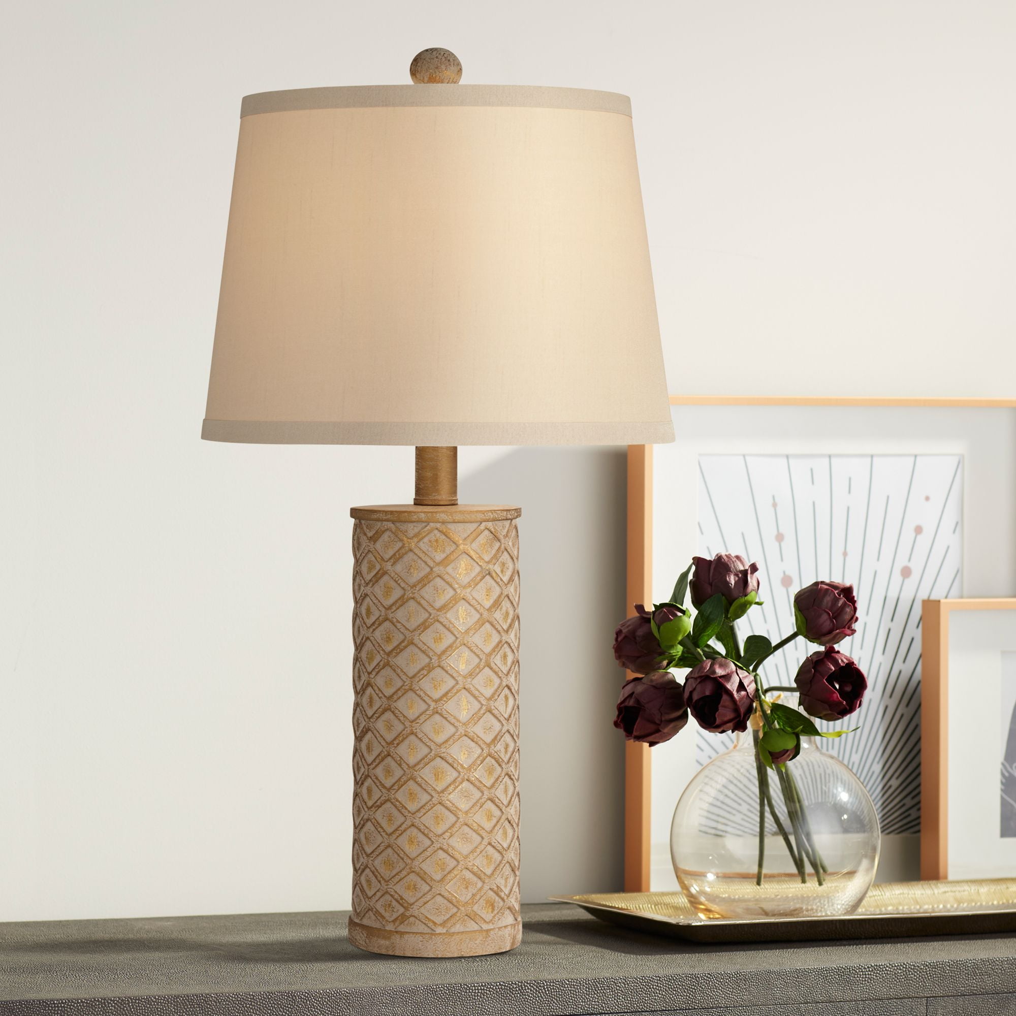 360 Lighting Gisele Cottage Table Lamp 24" High Gold Wash Lattice Column Tapered Drum Shade for Bedroom Living Room Bedside Nightstand Office Kids