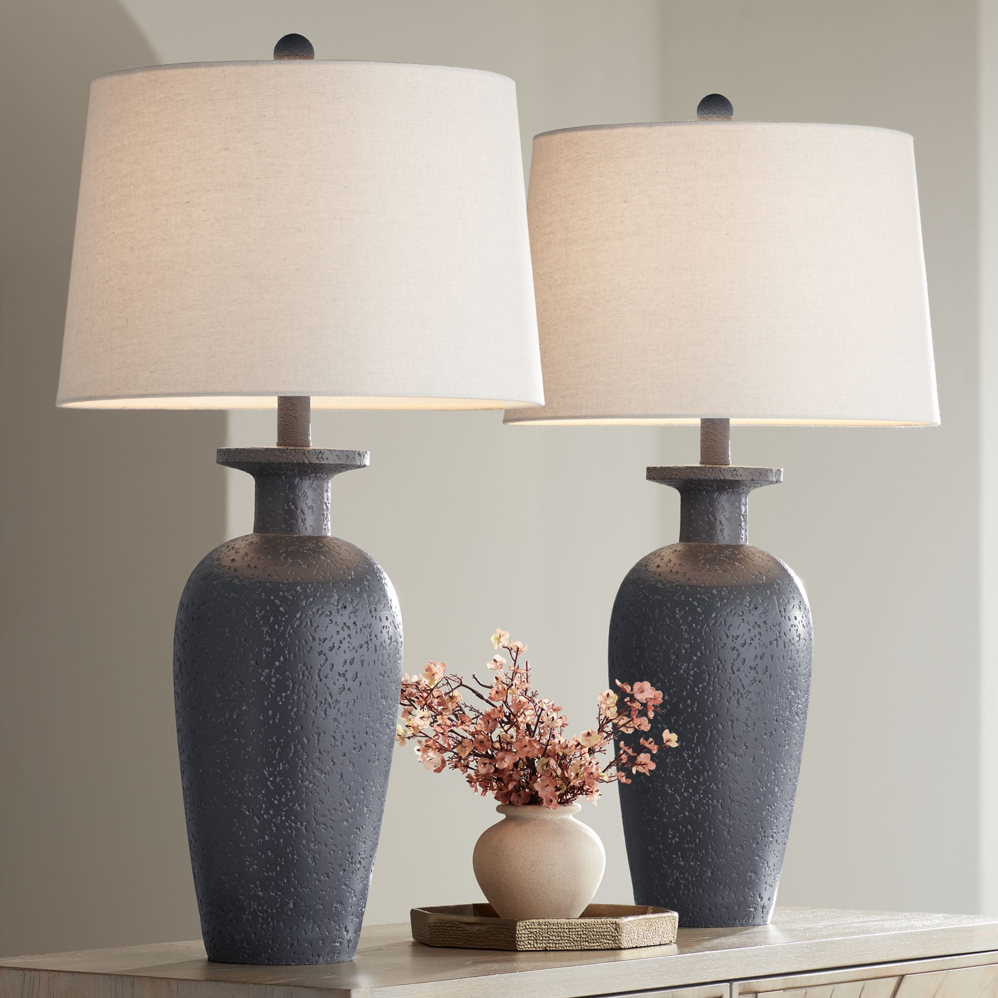 360 Lighting Glenwood 28" Tall Farmhouse Rustic Country Cottage 3-Way Table Lamps Set of 2 Charcoal Gray Living Room Bedroom Bedside White Shade