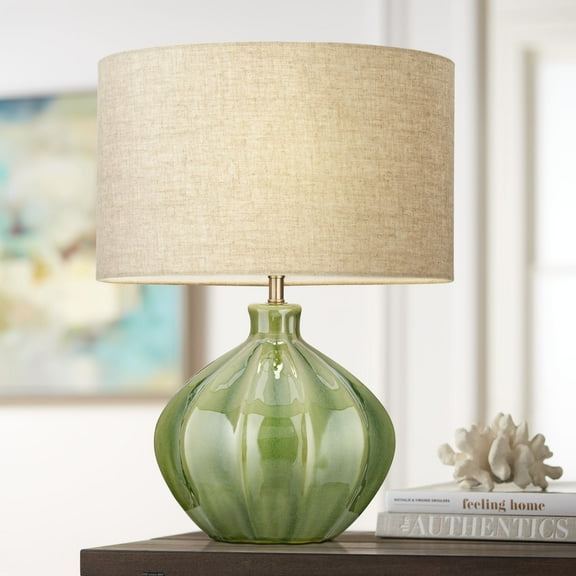 360 Lighting Gordy Modern Accent Table Lamp Handcrafted 20 1/2" High Ribbed Green Ceramic Oatmeal Fabric Drum Shade for Bedroom Living Room Bedside