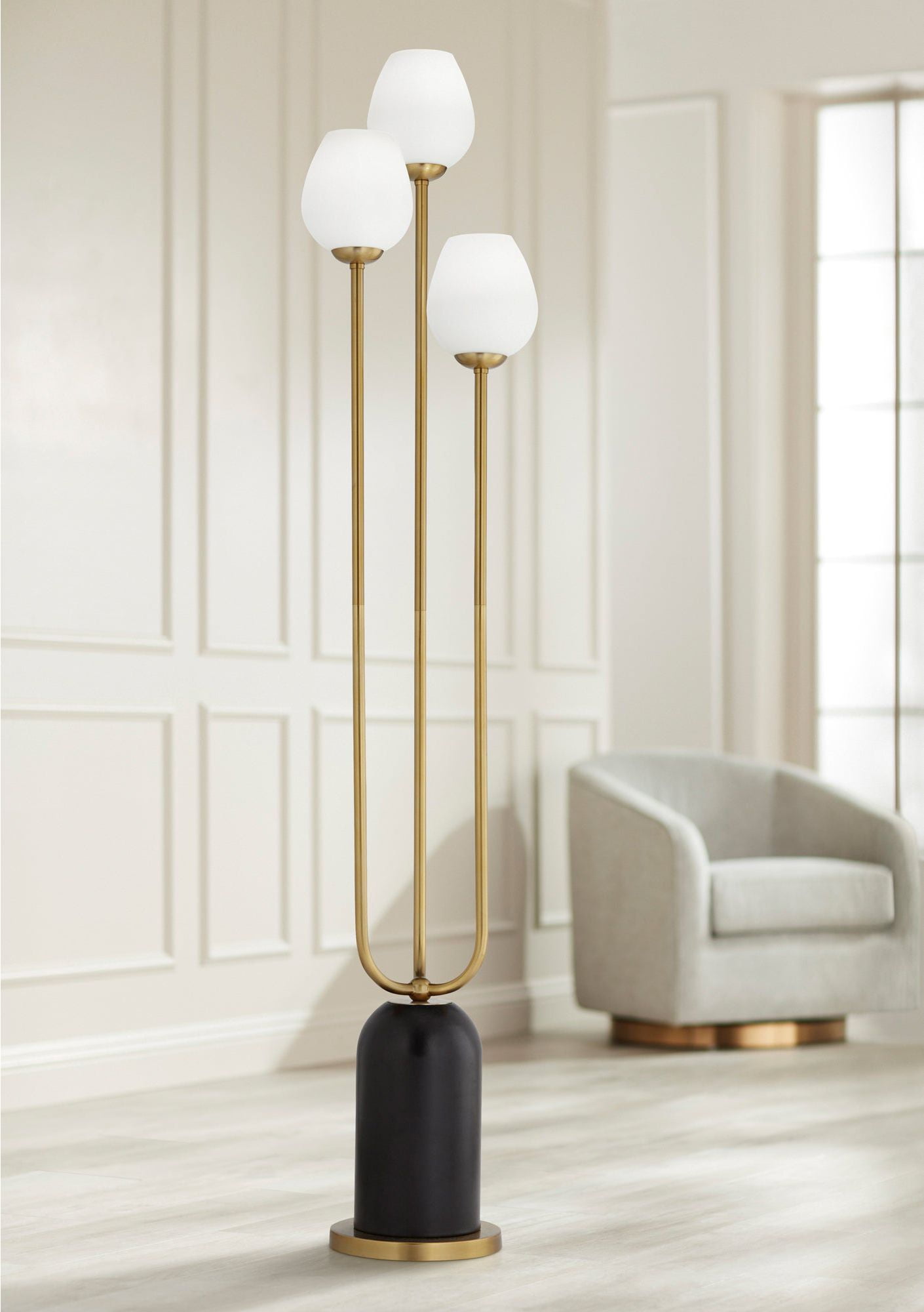 360 Lighting Grayson Modern Glam 70" Tall Standing Floor Lamp Large Pole 3-Light Foot Switch Gold Black Metal Living Room Bedroom
