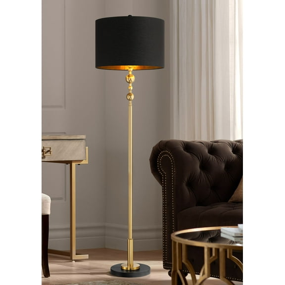 360 Lighting Harlowe Modern Glam 63" Tall Standing Floor Lamp Skinny Pole Metal Gold Finish Living Room Bedroom Drum Black Shade