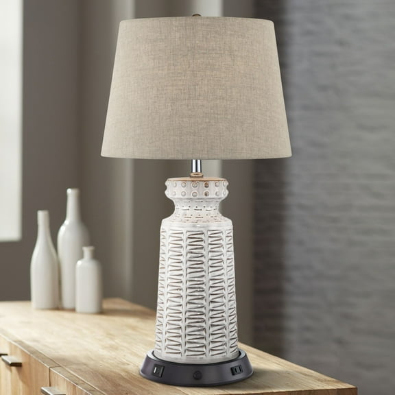 360 Lighting Helene Country Cottage Table Lamp 26" High Cream White Ceramic with Dimmable USB Workstation Base Tan Drum Linen for Living Room Desk
