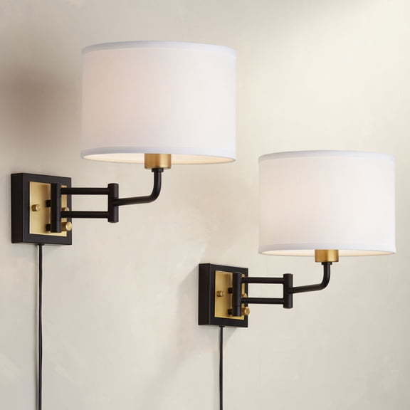 360 Lighting Joelle Modern Swing Arm Wall Lamps Set of 2 Brass Black Plug-in Light Fixture Fabric Drum Shade for Bedroom Bedside Living Room Reading