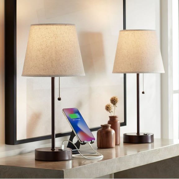 360 Lighting Justin Modern Accent Table Lamps 18 1/4" High Set of 2 Marbled Bronze Metal with USB Charging Ports Oatmeal Drum Shade for Bedroom Desk