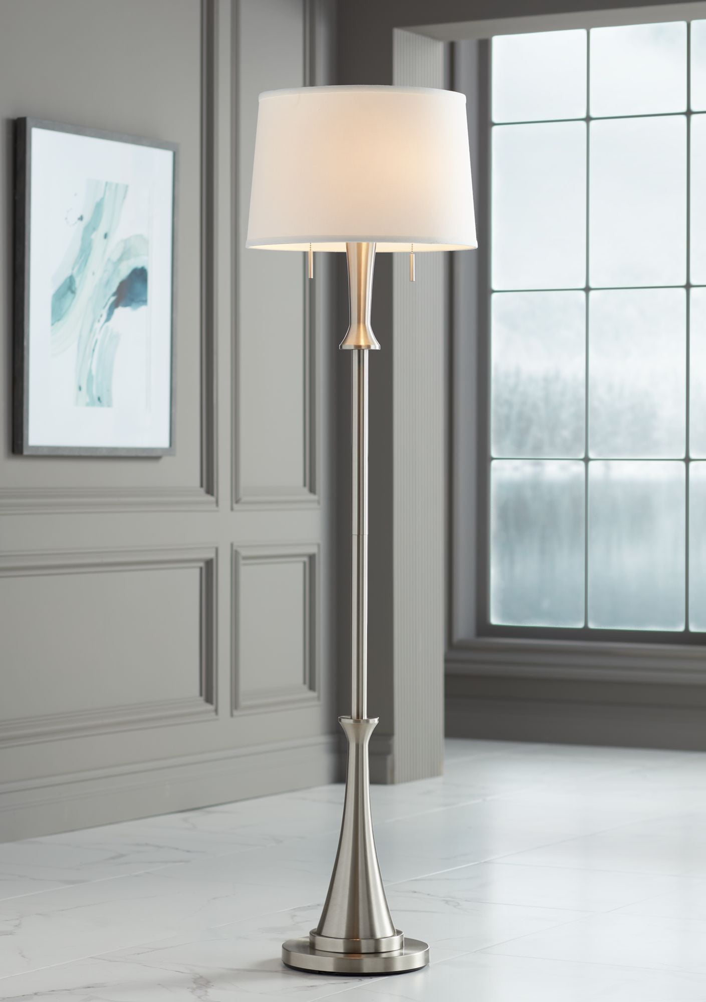 Karl 63" Brushed Nickel Floor Lamp with White Drum Shade