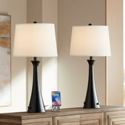 360 Lighting Karl Modern Table Lamps 28 1/4" Tall Set of 2 Black Metal with USB and AC Power Outlet in Base White Drum Shade for Bedroom Living Room