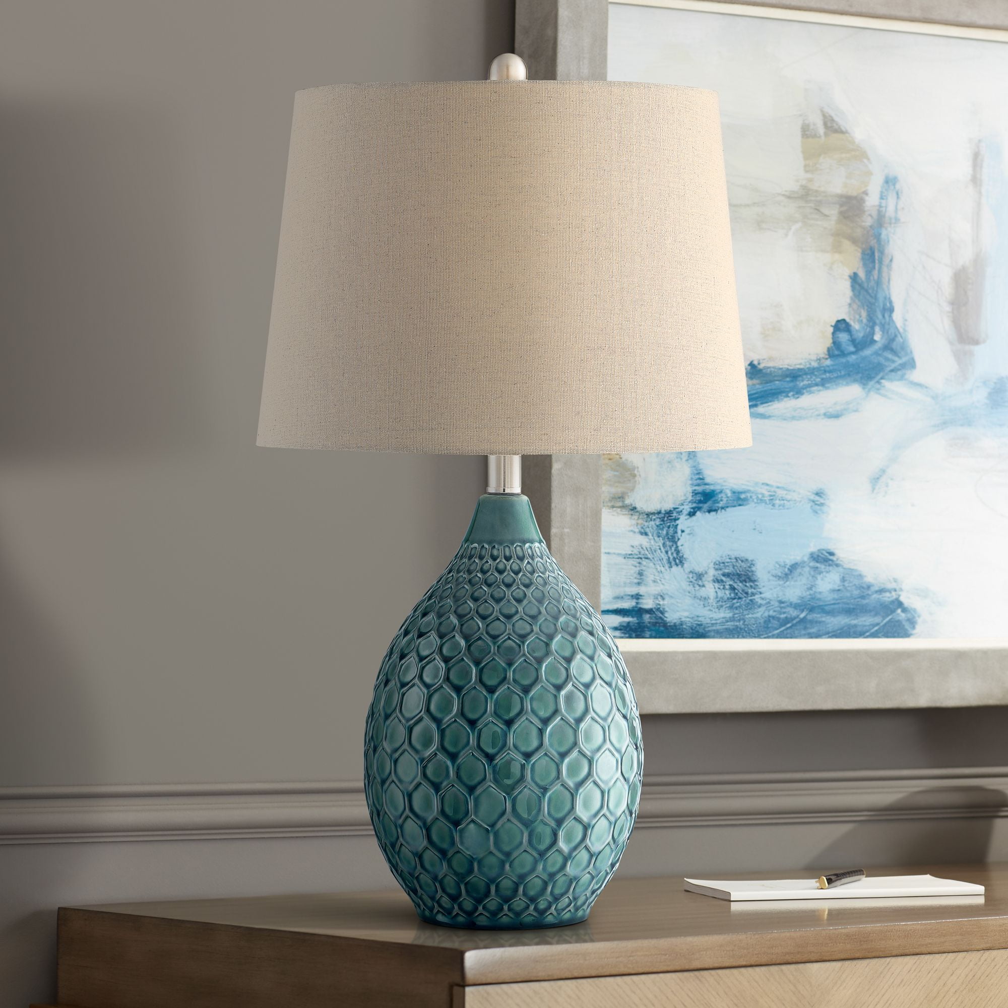 360 Lighting Kate Table Lamp 24 3/4" High Ceramic Green Oatmeal Drum Shade for Bedroom Living Room Bedside Nightstand Office Kids Family House Home