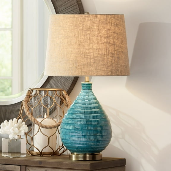 360 Lighting Kayley Modern Mid Century Table Lamp 24" High Sky Blue Glaze Textured Ceramic Linen Tapered Drum Shade for Bedroom Living Room Bedside