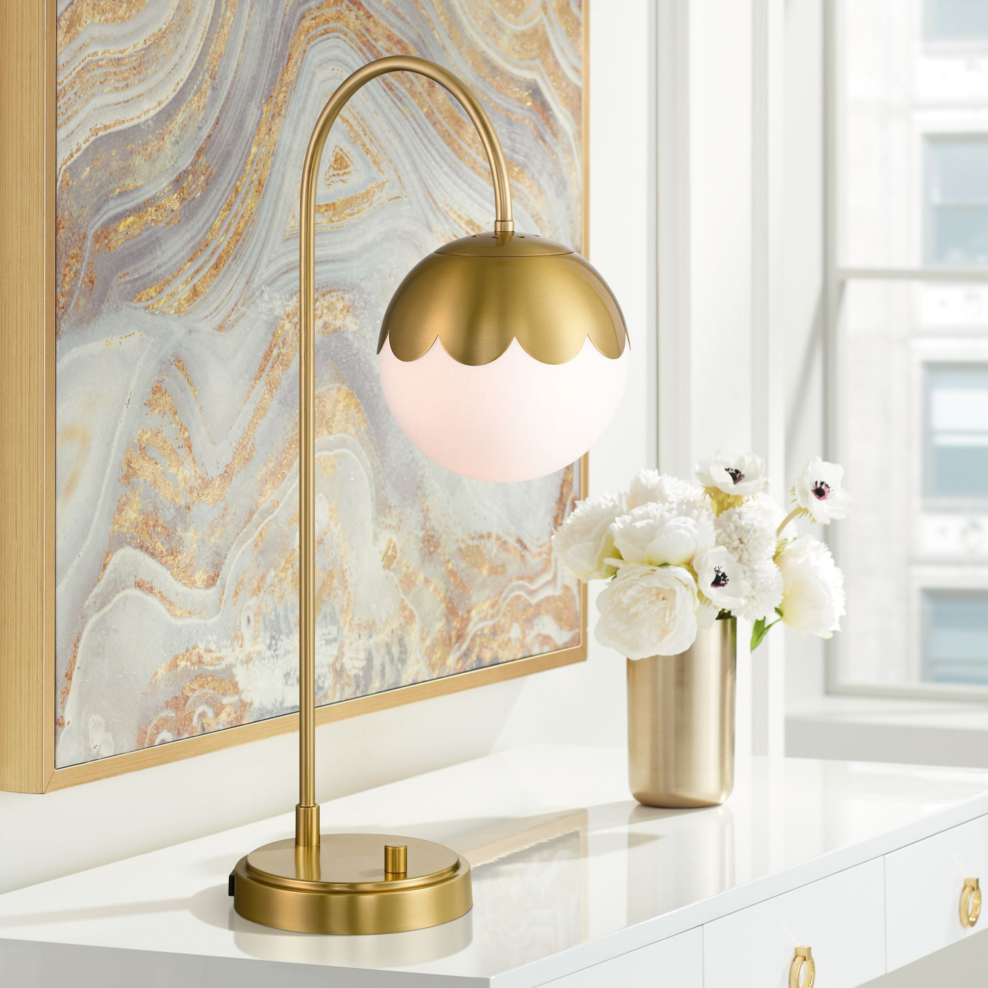 360 Lighting Kelowna 25" High Modern Desk Lamp USB Port AC Power Outlet Gold Antique Brass Finish Metal White Globe Shade Charging