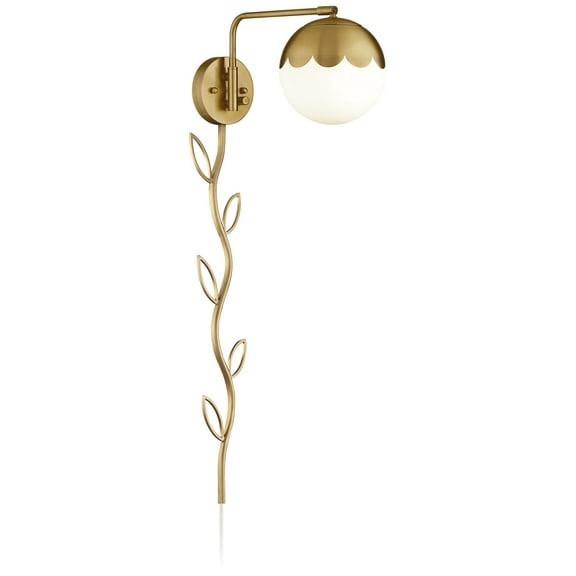 360 Lighting Kelowna Modern Swing Arm Wall Lamp with Cord Cover Brass Plug-in Light Fixture Glass Globe Shade for Bedroom Bedside Living Room Reading