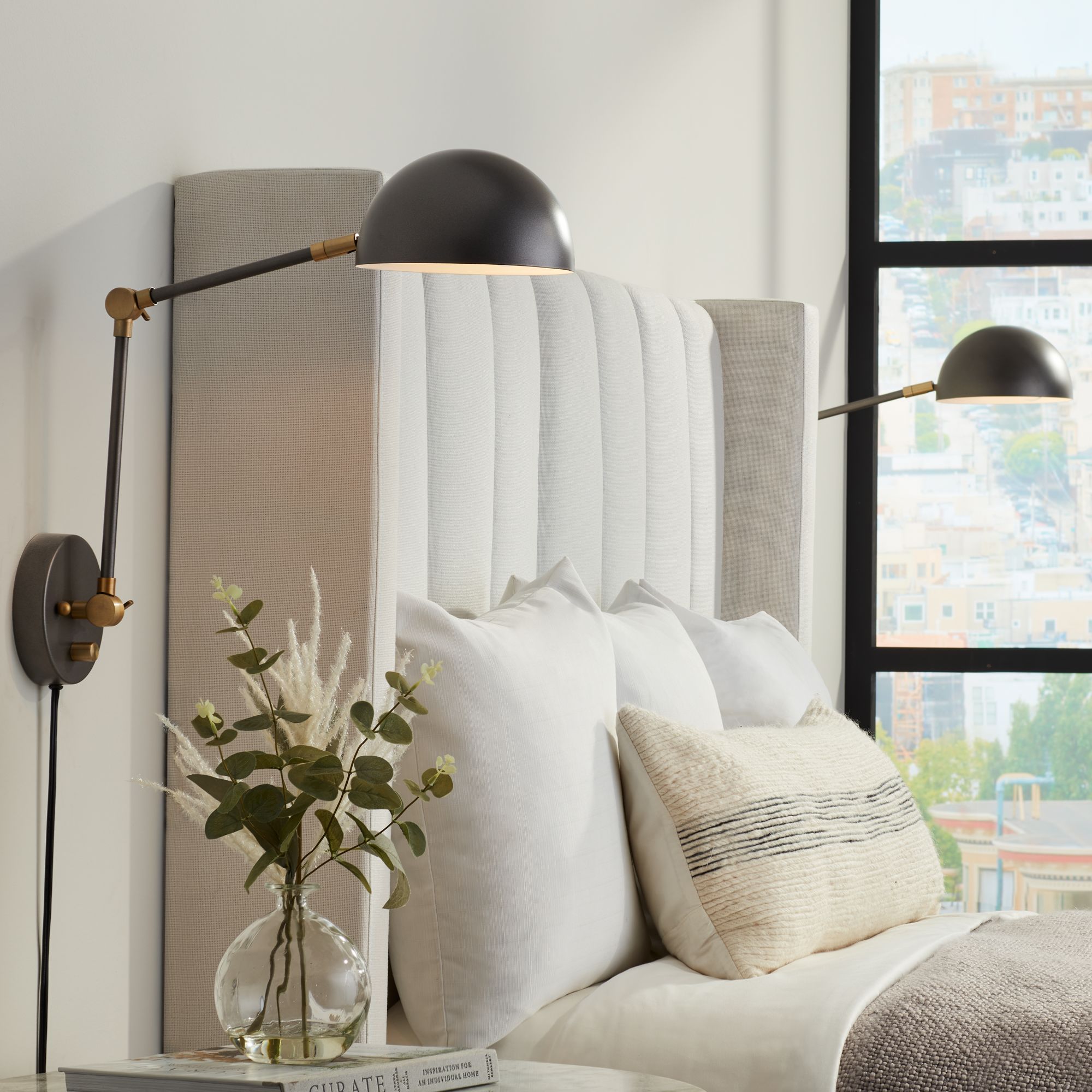 360 Lighting Kenora Modern Swing Arm Wall Lamps Set of 2 Gunmetal Brass Plugin Light Fixture Up